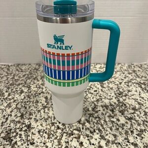 Brand New Stanley White Tumbler with Teal Handle and Multicolor Stripe Pattern